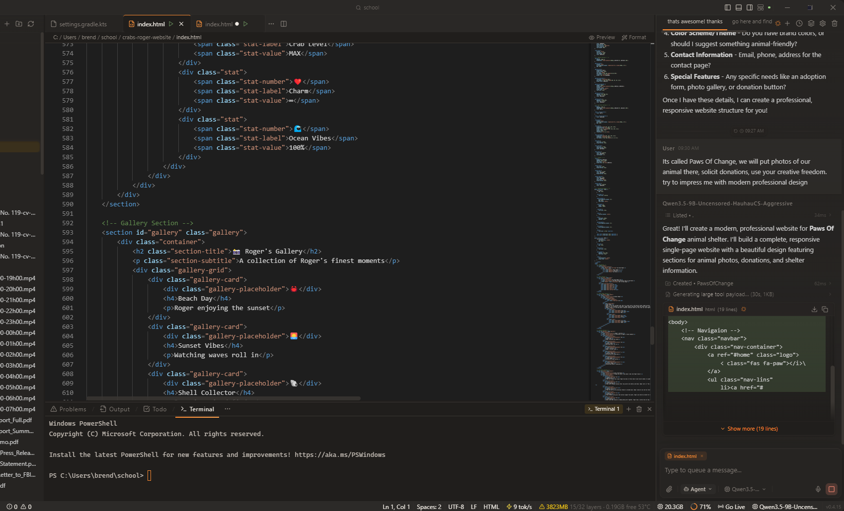 Agent mode generating a website from a prompt