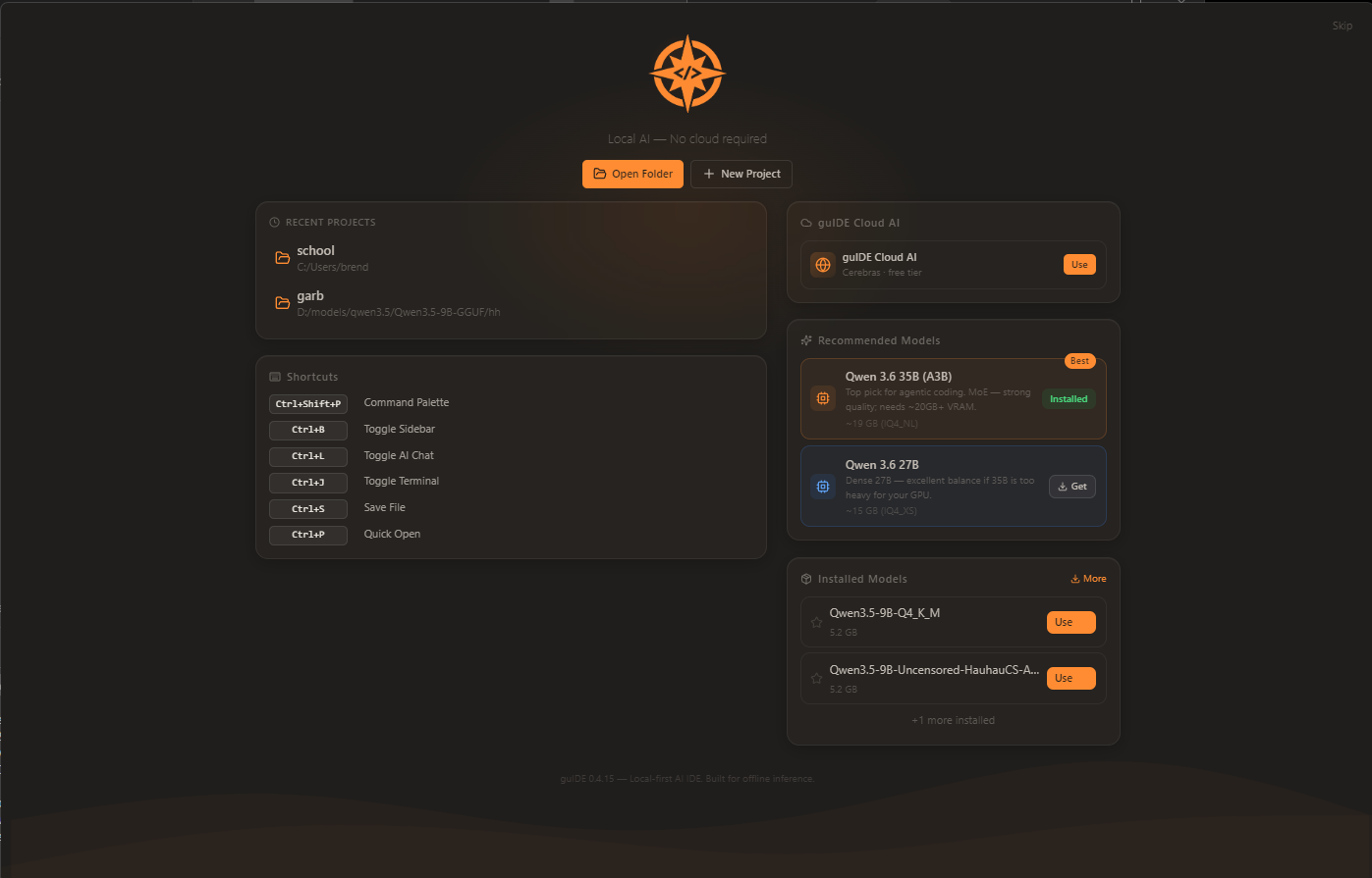 guIDE welcome screen with local model recommendations and recent projects
